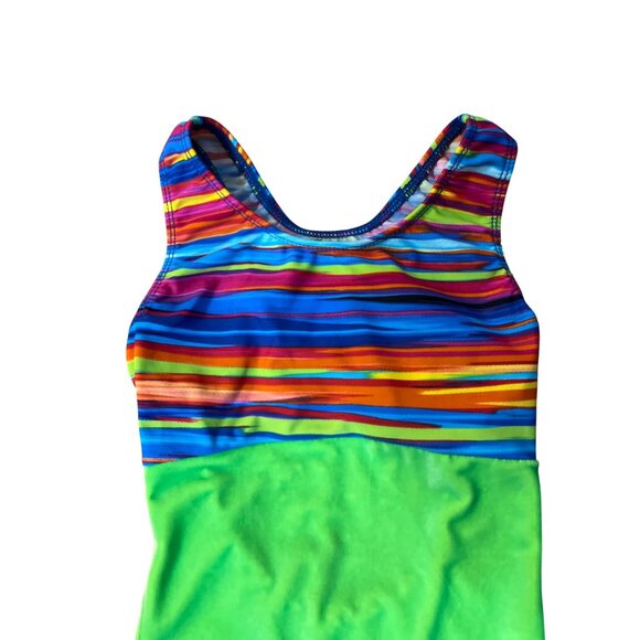 Motionwear Gymnastics Shortall Leotard Girls 8-10 Green Velvet Rainbow Stripe - Picture 11 of 13